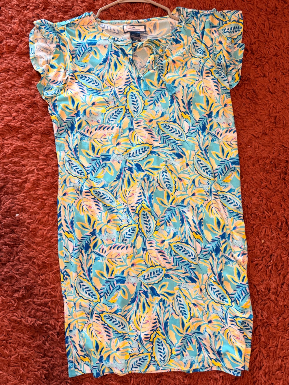 Tropical Leaf-Print Midi Dress in Aqua and Yellow